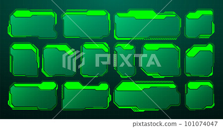 Green futuristic HUD, UI elements. Sci-fi user interface text boxes, callouts. Warning message frames, information boxes template. Modern game interface layout in digital style. Vector illustration Green futuristic HUD, UI elements. Sci-fi user interface text boxes, callouts. Warning message frames, information boxes template. Modern game interface layout in digital style. Vector illustration 101074047