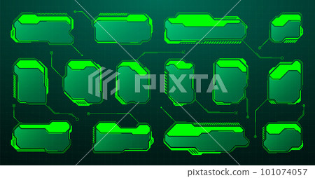 Green futuristic HUD, UI elements. Sci-fi user interface text boxes, callouts. Warning message frames, information boxes template. Modern game interface layout in digital style. Vector illustration Green futuristic HUD, UI elements. Sci-fi user interface text boxes, callouts. Warning message frames, information boxes template. Modern game interface layout in digital style. Vector illustration 101074057