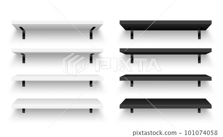 Realistic store shelves with wall mount. Empty product shelf, grocery wall rack. Mall and supermarket furniture, bookshelf. Modern interior design element, room decoration. Vector illustration 101074058