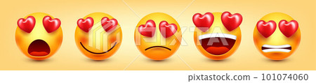 Cartoon emoji with hearts, emoticons collection. Yellow face with emotions, mood. Facial expression, realistic emoji. Sad, happy, angry faces. Funny character with smiling face. Vector illustration Cartoon emoji with hearts, emoticons collection. Yellow face with emotions, mood. Facial expression, realistic emoji. Sad, happy, angry faces. Funny character with smiling face. Vector illustration 101074060