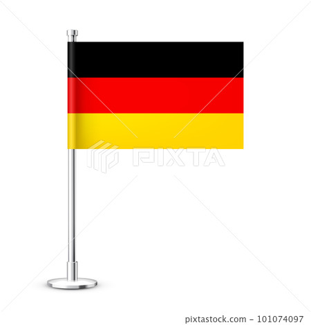 Realistic German table flag on a chrome steel pole. Souvenir from Germany. Desk flag made of paper or fabric and shiny metal stand. Mockup for promotion and advertising. Vector illustration 101074097