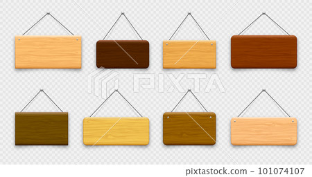 Wooden hanging signboards. Made of wood door sign for cafe, restaurant, bar or retail store. Announcement banner, information signage for business or service. Vector illustration 101074107