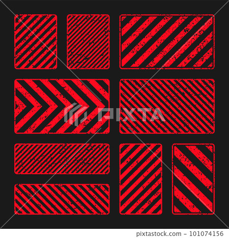 Various red grunge warning signs with diagonal lines. Old attention, danger or caution sign, construction site signage. Realistic notice signboard, warning banner, road shield. Vector illustration 101074156