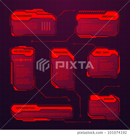 Red futuristic HUD or UI elements. Sci-fi user interface text boxes, callouts. Warning message frames, information boxes template. Modern game interface layout in digital style. Vector illustration Red futuristic HUD or UI elements. Sci-fi user interface text boxes, callouts. Warning message frames, information boxes template. Modern game interface layout in digital style. Vector illustration 101074192