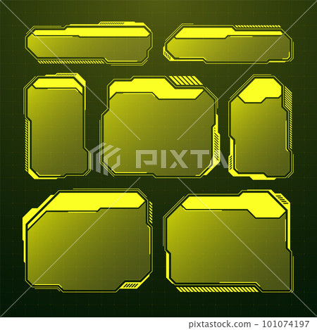 Yellow futuristic HUD, UI elements. Sci-fi user interface text boxes, callouts. Warning message frames, information boxes template. Modern game interface layout in digital style. Vector illustration Yellow futuristic HUD, UI elements. Sci-fi user interface text boxes, callouts. Warning message frames, information boxes template. Modern game interface layout in digital style. Vector illustration 101074197