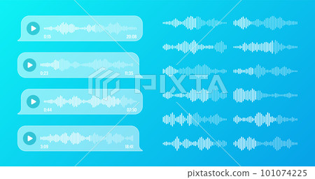 Voice, audio message, transparent speech bubbles. SMS text frame. Social media chat or messaging app conversation. Voice assistant, recorder. Sound wave pattern. Vector illustration Voice, audio message, transparent speech bubbles. SMS text frame. Social media chat or messaging app conversation. Voice assistant, recorder. Sound wave pattern. Vector illustration 101074225