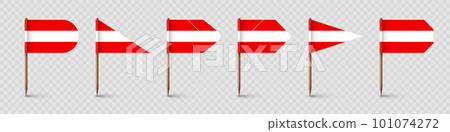 Realistic various Austrian toothpick flags. Souvenir from Austria. Wooden toothpicks with paper flag. Location mark, map pointer. Blank mockup for advertising and promotions. Vector illustration Realistic various Austrian toothpick flags. Souvenir from Austria. Wooden toothpicks with paper flag. Location mark, map pointer. Blank mockup for advertising and promotions. Vector illustration 101074272
