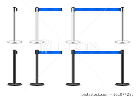 Realistic blue retractable belt stanchion. Crowd control barrier posts with caution strap. Queue lines. Restriction border and danger tape. Attention, warning sign. Vector illustration 101074283