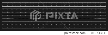 Various measurement scales with divisions. Realistic white scale for measuring length or height in centimeters, millimeters or inches. Ruler, tape measure marks, size indicators. Vector illustration Various measurement scales with divisions. Realistic white scale for measuring length or height in centimeters, millimeters or inches. Ruler, tape measure marks, size indicators. Vector illustration 101074311