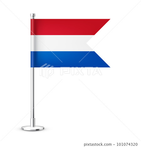 Realistic Dutch table flag on a chrome steel pole. Souvenir from Netherlands. Desk flag made of paper or fabric and shiny metal stand. Mockup for promotion and advertising. Vector illustration Realistic Dutch table flag on a chrome steel pole. Souvenir from Netherlands. Desk flag made of paper or fabric and shiny metal stand. Mockup for promotion and advertising. Vector illustration 101074320