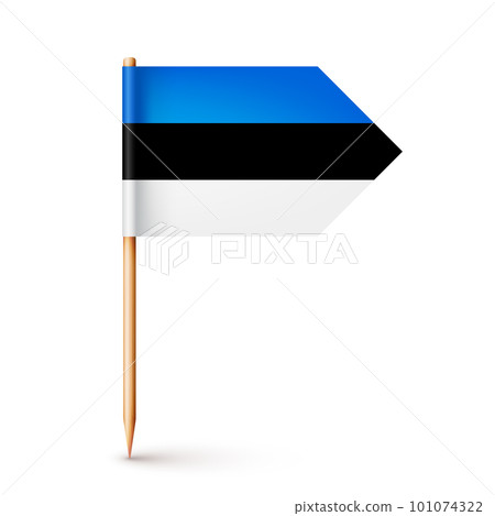 Realistic Estonian toothpick flag. Souvenir from Estonia. Wooden toothpick with paper flag. Location mark, map pointer. Blank mockup for advertising and promotions. Vector illustration 101074322