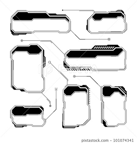 Black futuristic HUD or UI elements. Sci-fi user interface text boxes, callouts. Warning message frames, information boxes template. Modern game interface layout in digital style. Vector illustration 101074341