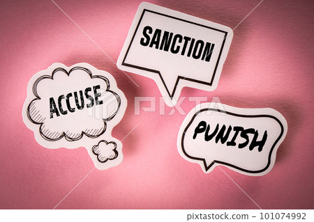 SANCTION, ACCUSE and PUNISH concept. Speech bubbles on pink background 101074992