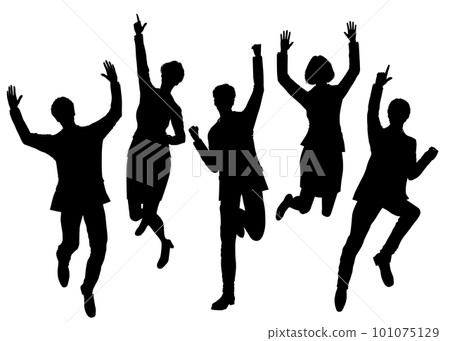 Silhouette of five business men and women jumping with a banzai, full body front illustration set Silhouette of five business men and women jumping with a banzai, full body front illustration set 101075129