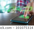 People touch the screen of mobile phones with their fingers and use intelligent search systems. 101075314
