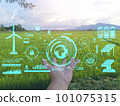 hands stand to nature with hologram images Pure energy, renewable energy, wind turbines, solar cells, batteries, represent the use of renewable energy to preserve the environment. 101075315