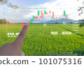 Finger pointing to the stock chart to check prices and information for trading decisions with a natural backdrop, rice fields, sky, mountains, conveying information access anytime, anywhere 101075316