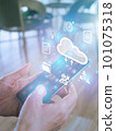 hand holding a phone Scanning fingerprints To send information, documents, goals, ideas, society, people, financial transactions on the cloud. 101075318