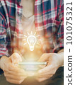 Glowing light bulb icon on smartphone. to get Business , earning money, knowledge, learning, leadership, idea, innovation and creativity concept. 101075321