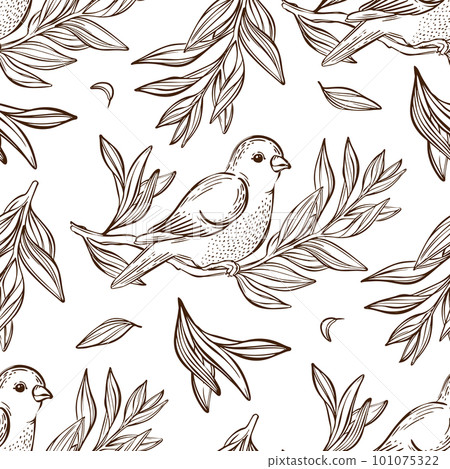 WARBLER ON BRANCH Monochrome Hand Drawn Sketch In Chinese And Japanese Styles Cartoon Sitting Songbird Seamless Pattern Vintage Coloring Vector Illustration WARBLER ON BRANCH Monochrome Hand Drawn Sketch In Chinese And Japanese Styles Cartoon Sitting Songbird Seamless Pattern Vintage Coloring Vector Illustration 101075322