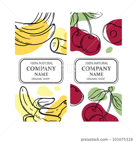 CHERRY AND BANANA Label Templates Design Of Stickers For Shop Of Tropical Organic Natural Fresh Juicy Fruits And Dessert Drinks In Vintage Vector Collection 101075328