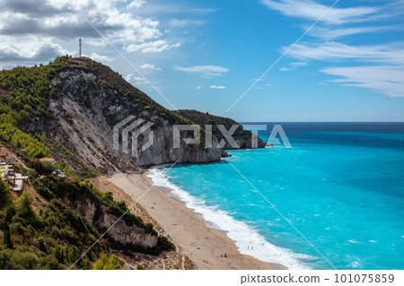 Mylos beach with azure sea, Lefkada island, Greece Mylos beach with azure sea, Lefkada island, Greece 101075859
