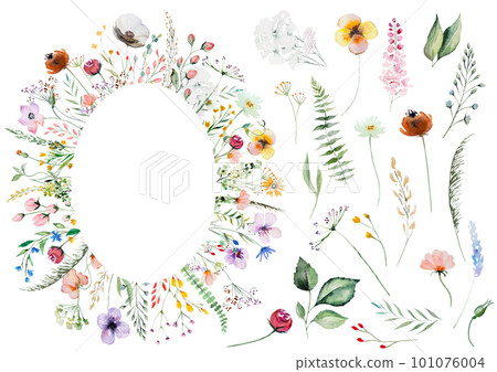 Frame made of watercolor wild flowers and leaves, summer wedding and greeting illustration Frame made of watercolor wild flowers and leaves, summer wedding and greeting illustration 101076004
