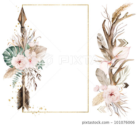 Golden frame and arrangement made with Watercolor arrow, tropical leaves and flowers illustration Golden frame and arrangement made with Watercolor arrow, tropical leaves and flowers illustration 101076006