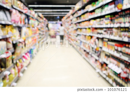 Supermarket aisle with customer shopping and choosing product on shelves defocused blur background Supermarket aisle with customer shopping and choosing product on shelves defocused blur background 101076121