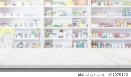 Empty white marble counter top with blur pharmacy drugstore shelves background 101076150