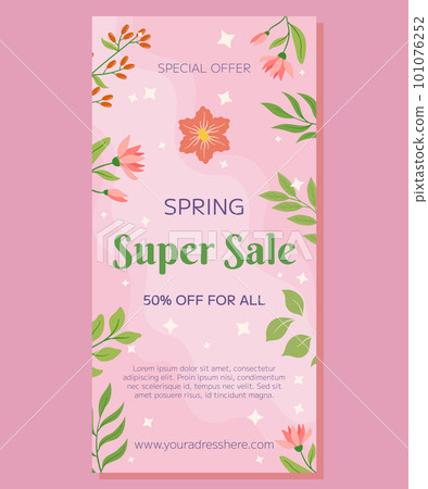 Vertical banner decorated with lovely pink flowers and green leaves on a pink background. The banner reads Special Offer Spring Super Sale. Perfect for advertising your seasonal discounts and Vertical banner decorated with lovely pink flowers and green leaves on a pink background. The banner reads Special Offer Spring Super Sale. Perfect for advertising your seasonal discounts and 101076252