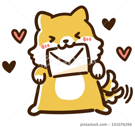 一隻可愛的柴犬角色的手繪插圖，嘴裡叼著一封情書 101076266