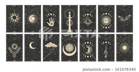 Set of magical tarot cards. Mystical occult illustrations, bohemian spiritual astrology templates, witch vector illustration collection. Prediction of the future. Set of magical tarot cards. Mystical occult illustrations, bohemian spiritual astrology templates, witch vector illustration collection. Prediction of the future. 101076340