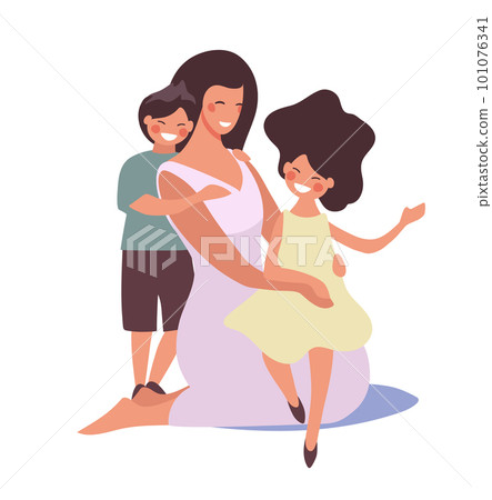 Mother hugging with son and daughter, happy family with children, woman with boy and girl, mother s day flat illustration. Flat cartoon vector isolated on white background. Mother hugging with son and daughter, happy family with children, woman with boy and girl, mother s day flat illustration. Flat cartoon vector isolated on white background. 101076341