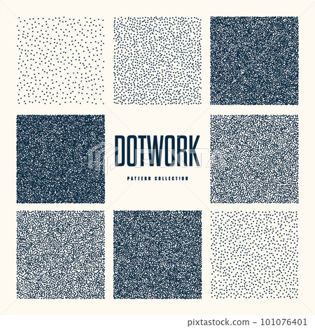 Square shaped dotted objects, vintage stipple elements. Stippling, dotwork drawing, shading using dots. Halftone effect. White noise grainy texture, pattern. Vector illustration 101076401