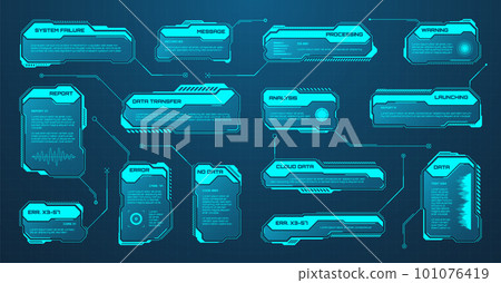 Blue futuristic HUD or UI elements. Sci-fi user interface text boxes, callouts. Warning message frames, information boxes template. Modern game interface layout in digital style. Vector illustration Blue futuristic HUD or UI elements. Sci-fi user interface text boxes, callouts. Warning message frames, information boxes template. Modern game interface layout in digital style. Vector illustration 101076419