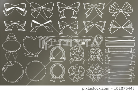 Retro pop and cute vintage style pen handwriting vector ribbon illustration and frame material set_white line Retro pop and cute vintage style pen handwriting vector ribbon illustration and frame material set_white line 101076445
