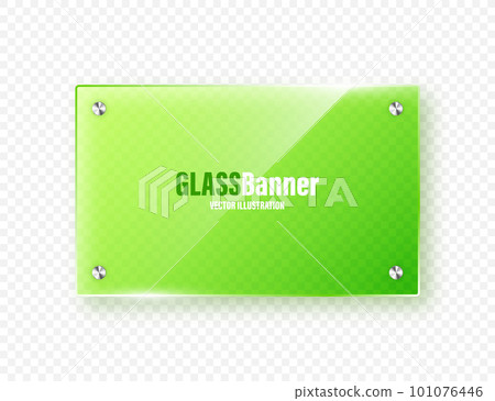 Realistic glass frame. Green transparent glass banner with flares and highlights. Glossy acrylic plate, element with light reflection and place for text. Vector illustration Realistic glass frame. Green transparent glass banner with flares and highlights. Glossy acrylic plate, element with light reflection and place for text. Vector illustration 101076446