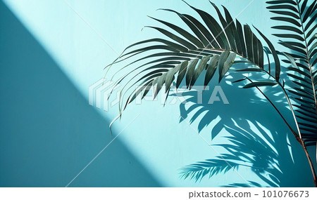 Tropical palm leaf shadow on turquoise wall. Copy space. Generative AI 101076673