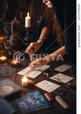 Witch woman using tarot cards for love spelling, divination and fortune telling. Generative AI 101076684