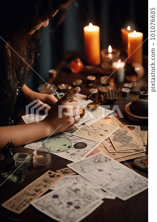 Witch woman using tarot cards for love spelling, divination and fortune telling. Generative AI 101076685