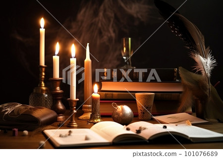 Old books, candles and incense on wooden table. Halloween concept. Generative AI.Generative AI 101076689