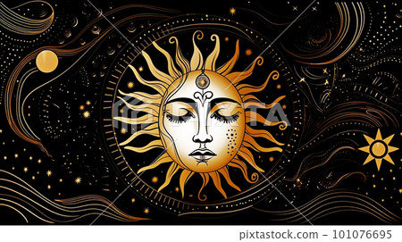 llustration of Sun and Moon with Ornate Pattern on Black Background. Generative AI 101076695