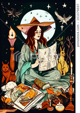 Halloween witch reading a book in the moonlight illustration. Generative AI 101076697