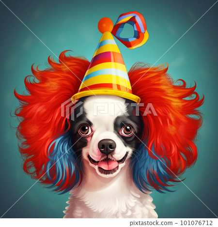 Funny black and white dog with clown hat and colorful wig. Generative AI Funny black and white dog with clown hat and colorful wig. Generative AI 101076712