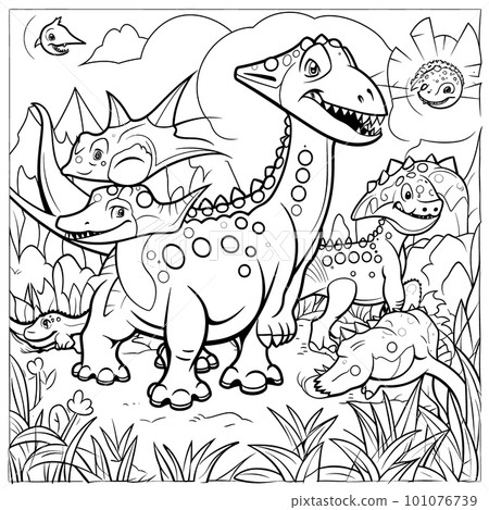 Dinosaurs,Black and white coloring pages for kids, simple lines, cartoon style, happy, cute, funny, many things in the world. 101076739