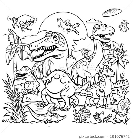 Dinosaurs,Black and white coloring pages for kids, simple lines, cartoon style, happy, cute, funny, many things in the world. 101076741