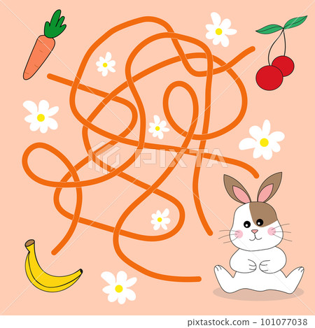 Help cute bunny find path to carrot. Labyrinth. Maze game for kids. Messy line children logic game. Confusing path lines vector illustration. 101077038