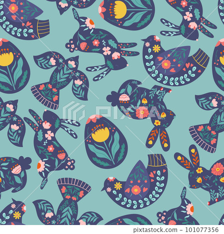 Cute Folk Styled Seamless Pattern Featuring Easter Motifs Such As Bunnies, Eggs, And Chicks In Muted Colors 101077356