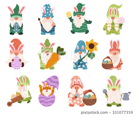 Set Of Charming Easter Gnomes With Colorful Outfits And Hats, Holding Baskets Of Eggs And Flowers Vector Illustration 101077359